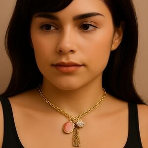 Polished Gold tone Crystal, Water Drop Shape Pink Stone, Fringe Tassel Necklace